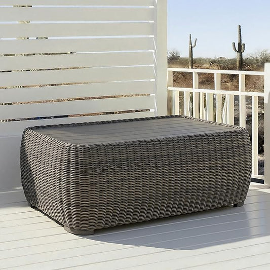 CHITA Wicker Patio Coffee Table, 41” All-Weather Rattan Outdoor Coffee Table with Wood-Grain Metal Top, Waterproof for Porch Backyard, Fully Assembled, Grey