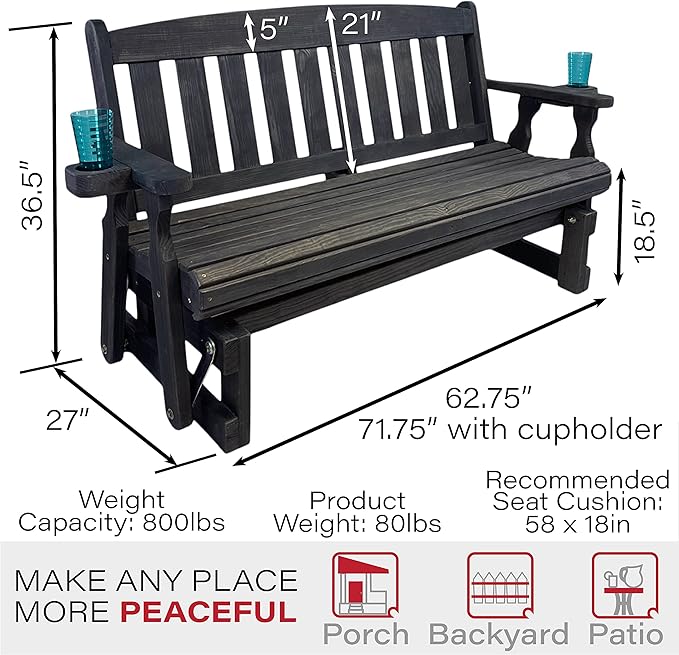 Amish Heavy Duty 800 Lb Mission Pressure Treated Porch Glider with Cupholders (5 Foot, Semi-Solid Black Stain) - Photo 2