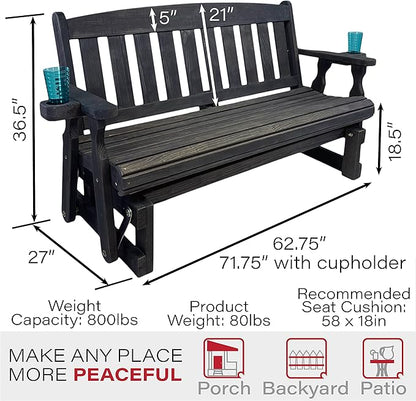 Amish Heavy Duty 800 Lb Mission Pressure Treated Porch Glider with Cupholders (5 Foot, Semi-Solid Black Stain)