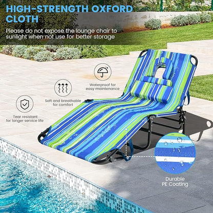GYMAX Tanning Chair, 330lbs Beach Lounge Chair with Face Hole, Washable Pillow & Carry Strap, Adjustable Folding Chaise Lounge, Layout Lounger for Outside, Patio, Poolside, Lawn (2, Stripe)
