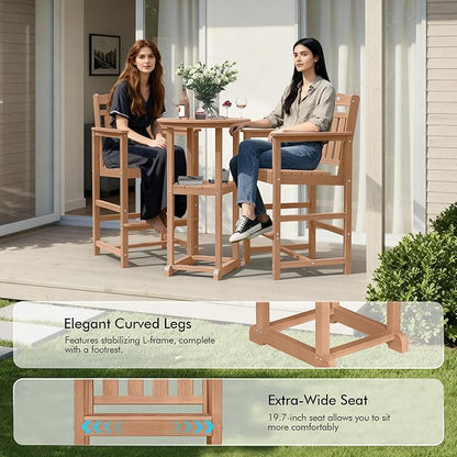 Ciokea 3-Pcs Bistro Table and Chairs, All-Weather Round High Top Bar Table with Storage Shelf and 2 Oversized Adirondack Chairs, Heavy Duty Outdoor Bar Set Patio Bistro Set for Balcony Deck, Teak