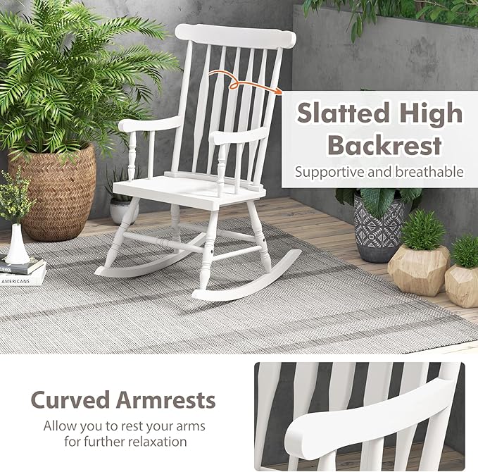 Tangkula Patio Rocking Chair Solid Rubber Wood, Outdoor Porch Rocker Chair with Rubber Wood Frame, Indoor Wooden Rocking Chair, Ideal for Garden, Backyard & Balcony (2, White)