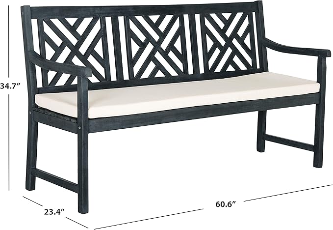 Safavieh PAT6738K Outdoor Collection Bradbury Grey 3 Seat Bench, Dark Slate Gray/Beige