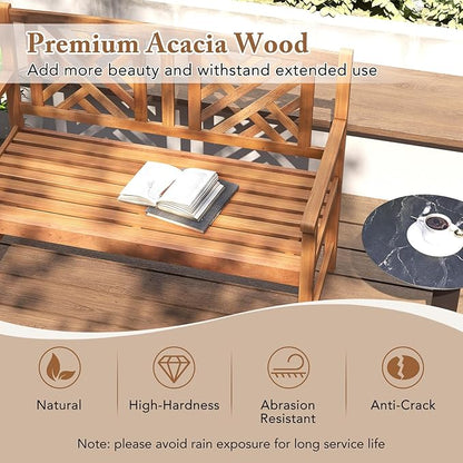 HAPPYGRILL Outdoor Wood Bench, 2-Seat Acacia Wood Loveseat Chair w/Slatted Seat & Patterned Backrest, 800 lbs Capacity, Patio Bench for Garden, Yard, Lawn