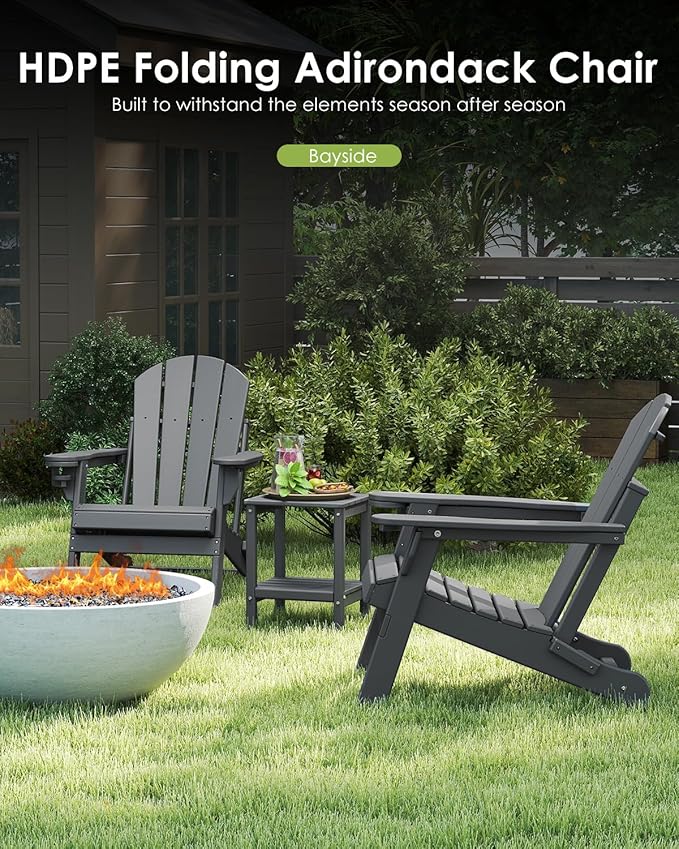 GREENVINES Folding-Adirondack-Chairs-Set-of-4 | HDPE Plastic | Fire Pit Chair | All Weather | Cup Holder | Grey | for Deck Backyard Patio Outdoor Garden