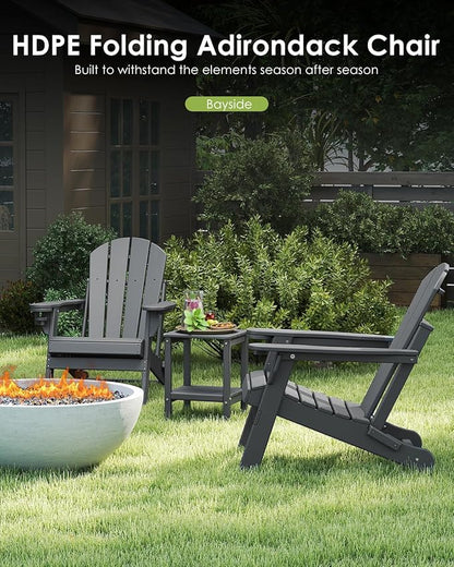 GREENVINES Folding-Adirondack-Chairs-Set-of-4 | HDPE Plastic | Fire Pit Chair | All Weather | Cup Holder | Grey | for Deck Backyard Patio Outdoor Garden