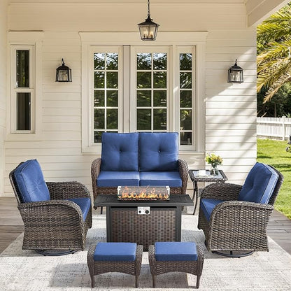 7 Pieces Outdoor Furniture with Fire Pit Deep Seating Outdoor Glider Loveseat with Patio Swivel Chairs Outdoor Furniture Set for Deck Porch Garden Balcony Poolside-Brown/Blue