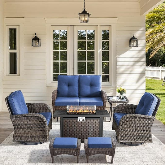 7 Pieces Outdoor Furniture with Fire Pit Deep Seating Outdoor Glider Loveseat with Patio Swivel Chairs Outdoor Furniture Set for Deck Porch Garden Balcony Poolside-Brown/Blue