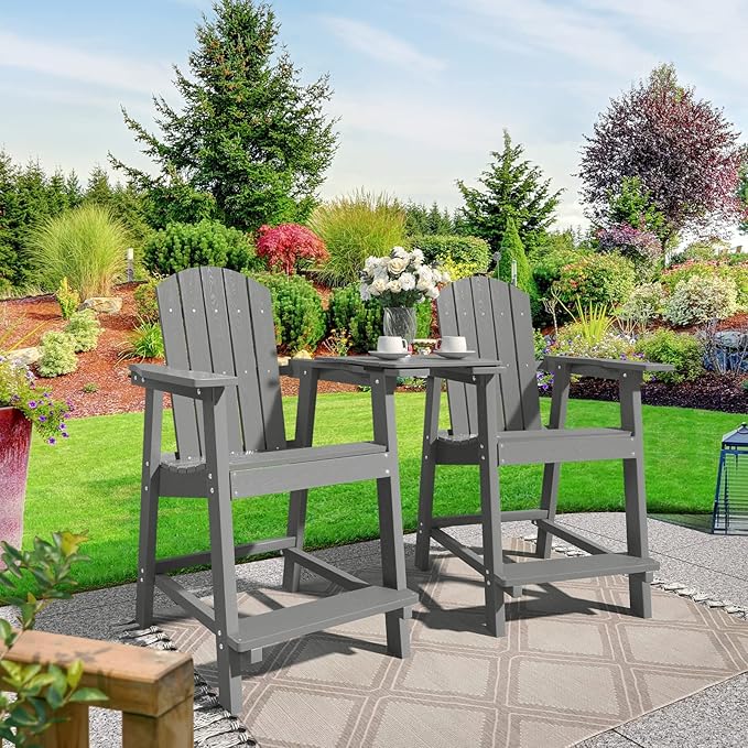 DWVO 25" Tall Adirondack Chair, Poly Bar Height Balcony Chairs, Weather-Durable Outdoor Barstool Lifeguard Chair for Deck Pool Patio and Porch, Gray