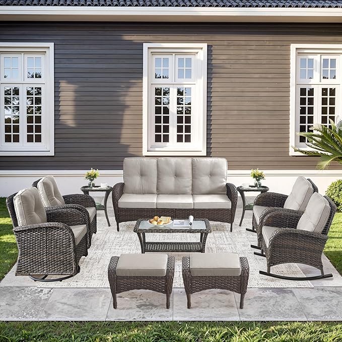 10-Piece Patio Furniture Set-Patio Rocking Chairs Set of 4 Outdoor Rattan Sofa Sets with Coffee Table Outdoor Patio - Photo 1