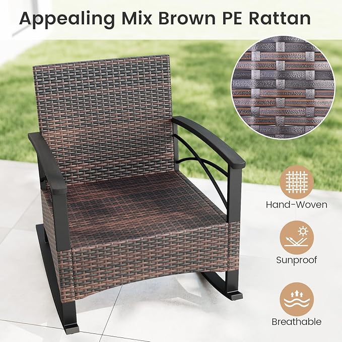 Tangkula 3 Pieces Outdoor Rocking Chairs Set, Rattan Heavy Duty Cushioned Rocker Chairs with 2-Tier Tempered Glass Coffee Table, for Garden, Balcony, Backyard (Beige)