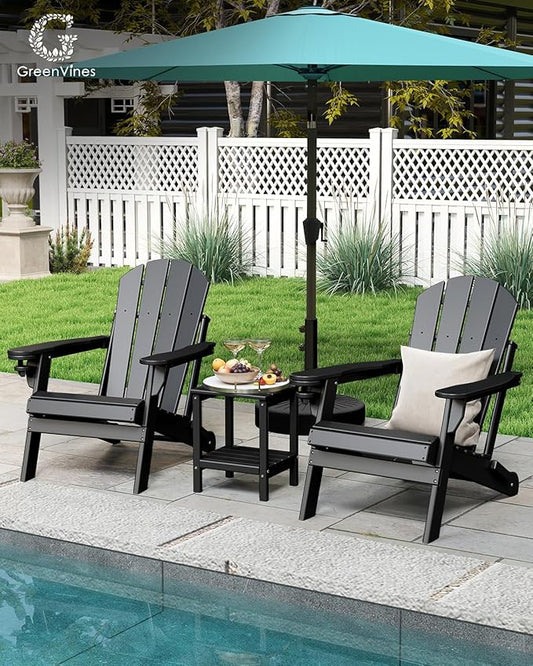 GREENVINES Folding-Adirondack-Chairs-Set-of-2 | HDPE Plastic | Fire Pit Chair | All Weather | Cup Holder | Black | for Deck Backyard Patio Outdoor Garden