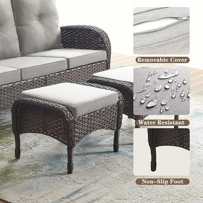 Belord Outdoor Ottomans for Patio Foot Rest - 25 Inch PE Wicker Foot Stool Set of 2 with Removable Cushions for Patio Furniture Sets,All Weather Rattan Ottoman for Balcony Deck Brown