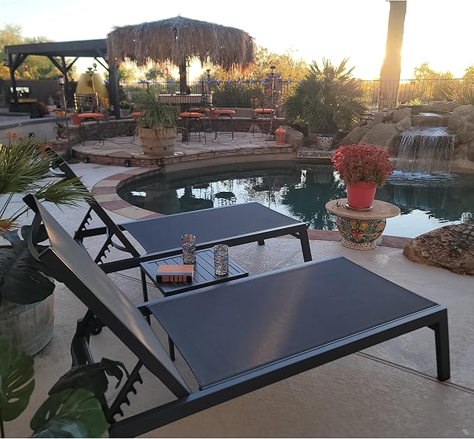 PURPLE LEAF Outdoor Chaise Lounge Set for 2 Oversized Pool Lounge Chairs with Easy-to-Move Wheels and Adjustable Backrest Extra Large Patio Loungers for Poolside Deck Beach Table Included, Dark Grey