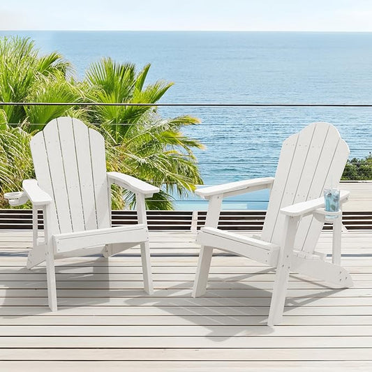 HDPE Adirondack Chairs Set of 2, Salt-Spray & Weather Resistant Outdoor Seating with Hidden Cup Holder for Porch, Poolside, Deck & Coastal Backyard, White