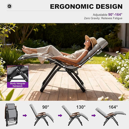 PURPLE LEAF Oversized Outdoor Reclining Chair Set of 2 Patio Zero Gravity Chaise Lounge Folding Chair with Removable Cushion Adjustable Headrest for Lawn Camping Beach Pool Grey