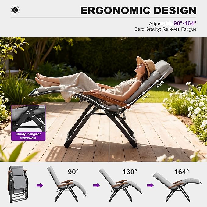 PURPLE LEAF Outdoor Reclining Chair Set of 2 Patio Zero Gravity Chaise Lounge Folding Chair with Removable Cushion Adjustable Headrest for Lawn Camping Beach Pool Grey