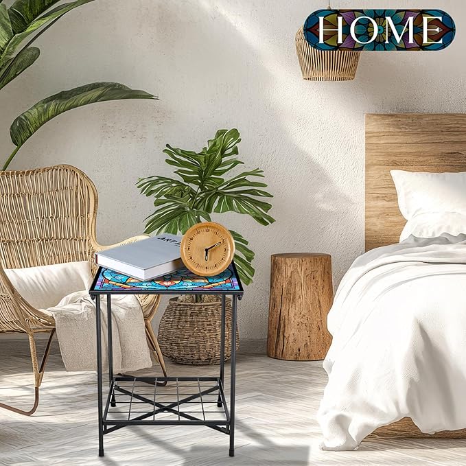 Outdoor Side Table 2-Tier Storage Square Small Mosaic Patio Accent Indoor End Plant Coffee Tea Table for Yard Patio Porch Garden Living Room, Bedroom(Mandala Style)