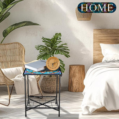 Outdoor Side Table 2-Tier Storage Square Small Mosaic Patio Accent Indoor End Plant Coffee Tea Table for Yard Patio Porch Garden Living Room, Bedroom(Mandala Style)
