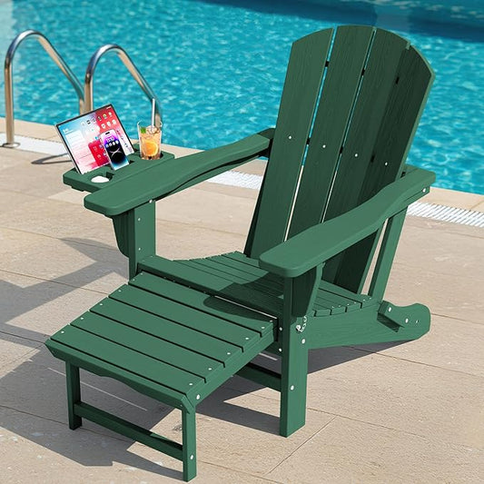 KINGYES Folding Adirondack Chair, Adjustable Backrest with Pull-Out Footrest & 4-in-1 Mobile Phone, Tablet, Cup Holder