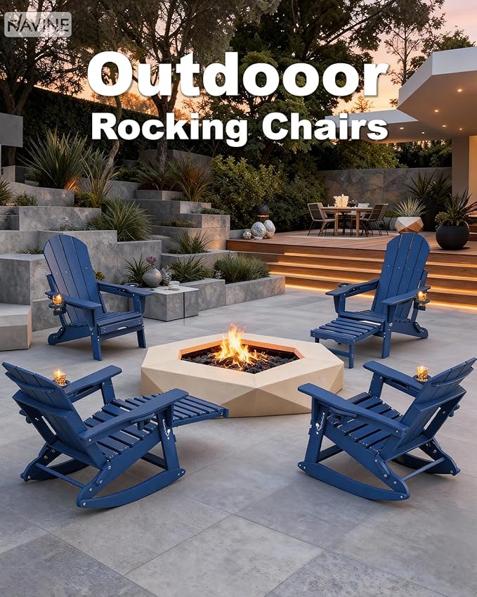 Adirondack Rocking Chair with Retractable Ottoman, All Weather Folding Adirondack Chair with Two Cup Holders, Adirondack Outdoor Rocking Chairs for Porch, Patio, Balcony. Navy Blue
