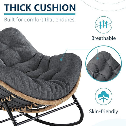 Outdoor Rocking Chair, Oversized Papasan Chair, Indoor Comfy Lounge Rocker with Cushion for Patio, Living Room, Porch, Balcony-Dark Grey