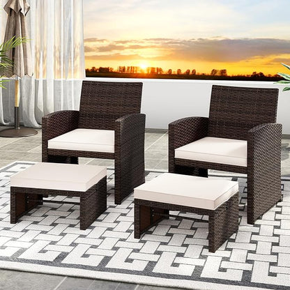 Tangkula 2 Pieces Patio PE Rattan Ottomans, Multipurpose Outdoor Footstool Footrest Additional Seating Side Table with Soft Zippered Cushions for Deck, Garden, Poolside and Yard (White)