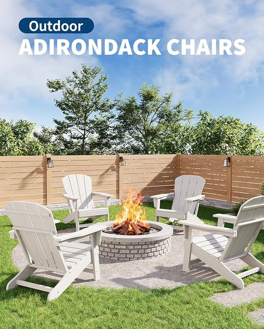 Modern HDPE Plastic Adirondack Chair - Oversize 380 LB Poly Lumber Weather Resistant Firepit Chair - Outdoor Patio Chairs with Wooden Textured for Garden, Backyard, Lawn, Deck, Pool, Porch - White