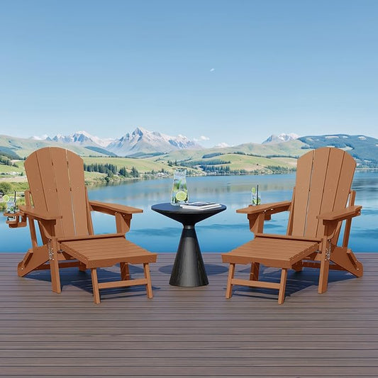 WestinTrends Malibu Folding Adjustable Adirondack Chair with Retractable Ottoman and Cup Holder (Set of 2), Teak