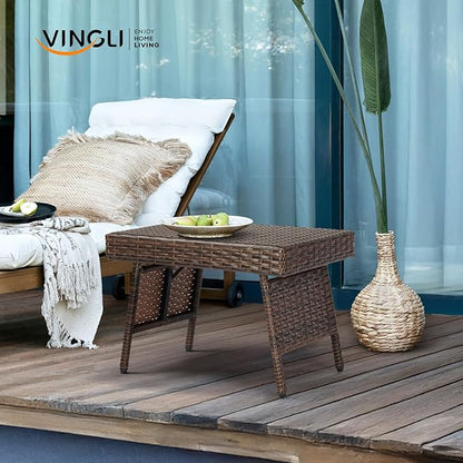 VINGLI Outdoor Folding Rattan Side Table, Portable Wicker End Table for Patio, Garden, Poolside, and Indoor Use, Mix Mocha
