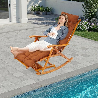 Foldable Bamboo Rocking Chair, Adjustable Back Patio Reclining Chair with Seat Cushion & Foot Massager, Foldable Outdoor Chaise Lounge Chair for Backyard Yard Pool Beach Load Capacity 330Lbs