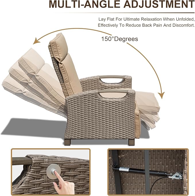 Domi Outdoor Recliner Chair, Patio Recliner with Hand-Woven Wicker, Flip Table Push Back, Adjustable Angle, Thickness Cushions, Reclining Lounge Chair for Indoor & Outdoor Use, Beige