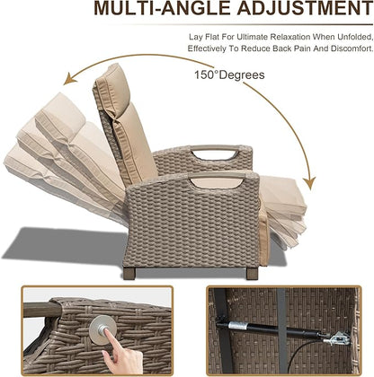 Domi Outdoor Recliner Chair, Patio Recliner with Hand-Woven Wicker, Flip Table Push Back, Adjustable Angle, Thickness Cushions, Reclining Lounge Chair for Indoor & Outdoor Use, Beige