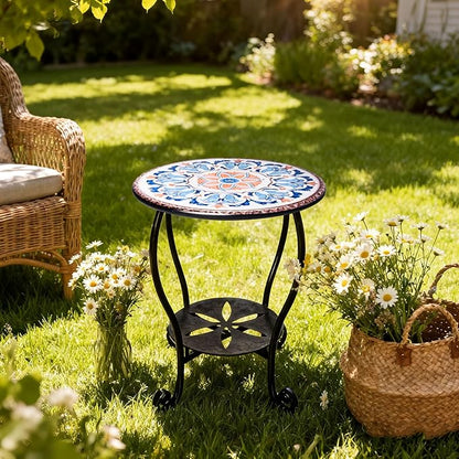 Outdoor Side Table Mosaic Patio Small End Table Metal Coffee Tea Accent Table for Patio Living Room Bedroom Yard Porch Garden (Blue Little Flower)
