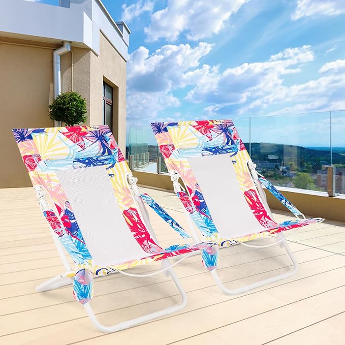 GYMAX Beach Chair Set of 4, Folding Sling Chairs with Headrest, Cup Holder & Shoulder Strap - Photo 2