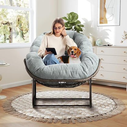 Large Indoor Rocking Chair Set of 2, Oversized Rocking Papasan Chair with Thick Cushion and Frame,Comfy Corduroy Rocker Wicker Egg Chairs Lounge Reading Chair for Living Room, Bedroom, Apartment,Green