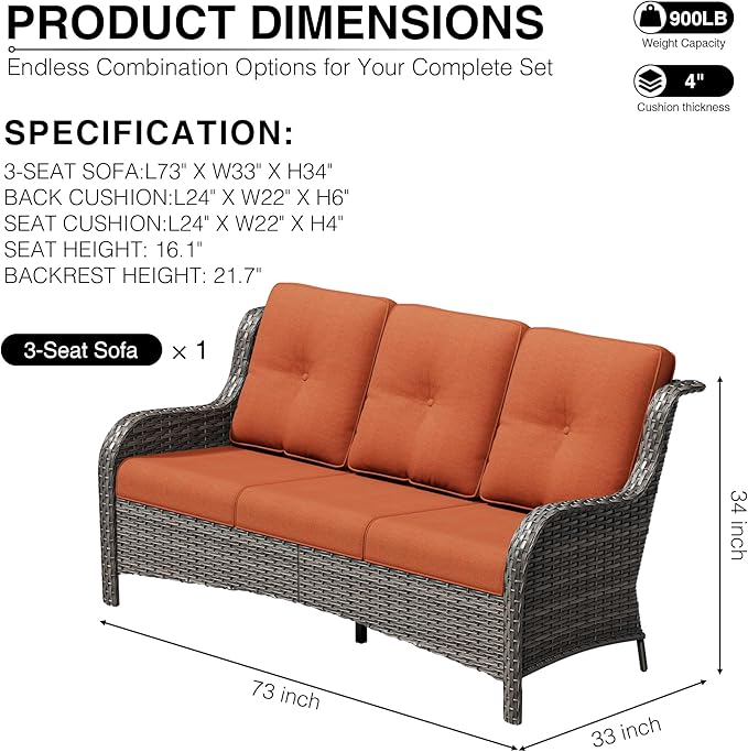 Joyside Outdoor Patio Couch, 3 Seater Outdoor Wicker Sofa with High Back, Deep Seating, Wide Armrest, Thickened Cushions - Photo 2