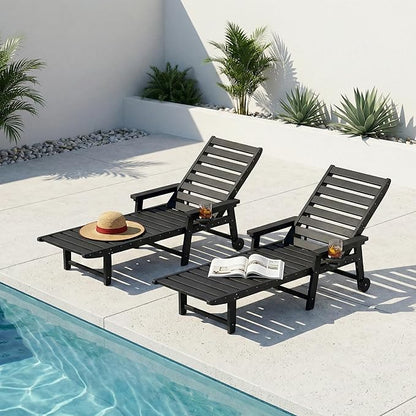 5-Position Adjustable Lounge Chair Outdoor Set of 2, HDPE Outdoor Chaise Lounge with Cup Holder & Wheels, Pool Lounge Chairs for Poolside, Beach, Deck, Black