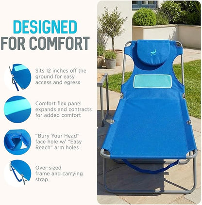 Ostrich the Ladies Comfort Lounger with Chest Support, Foldable and Portable Reclining Outdoor Patio Beach Lawn Camping Pool Tanning Chair, Ocean Blue