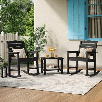 Patio Rocking Chair, Weatherproof HIPS Outdoor Rocking Chair for Adults, 400LBS Support Heavy Duty Porch Rocking Chairs for Garden, Lawn, Backyard, Outdoor and Indoor (Black)