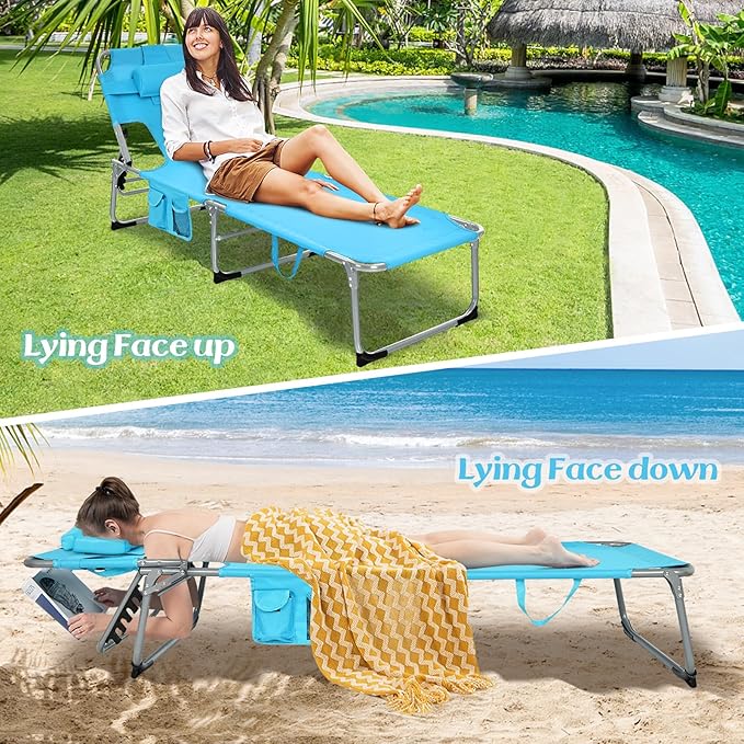 GYMAX Tanning Chair, Folding Lounger with Face/Arm Holes, Carry Handles & Side Pocket - Photo 4