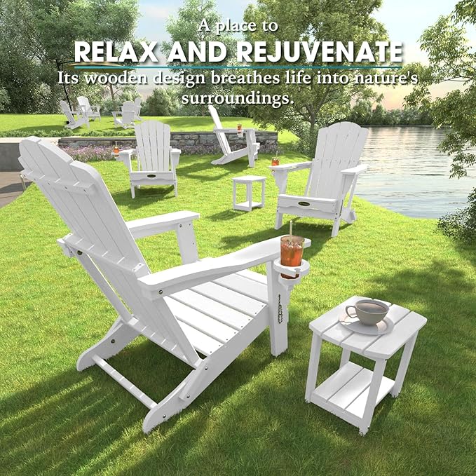 Folding Adirondack Chair Set of 2,HDPE All-Weather Outdoor Chair with Cup Holder,Wooden Textured,Fire Pit Chair,Plastic Patio Chair for Deck,Backyard,Garden,Lawn(White)