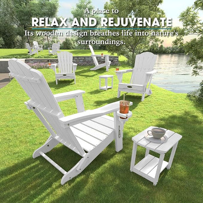 Folding Adirondack Chair Set of 8,HDPE All-Weather Outdoor Chair with Cup Holder,Wooden Textured,Fire Pit Chair,Plastic Patio Chair for Deck,Backyard,Garden,Lawn(White)