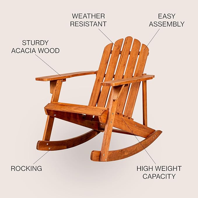 JONATHAN Y PAT1000A Kiawah Outdoor Patio Classic Acacia Wood Adirondack Rocking Chair for Garden, Lawn, Backyard, Pool, Deck, Beach, Firepit, Light Brown