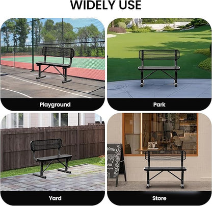 4 Feet Heavy Duty Metal Park Bench for Outside, Outdoor Bench with Backrest & Portable Frame, Commercial Benches for Shopping Malls, Stores, Parks, Patios, Decks, Black