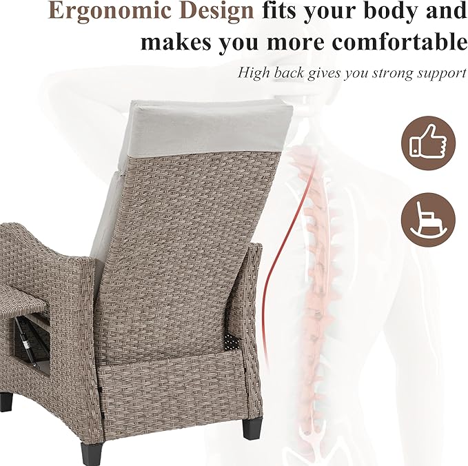 HOMREST Outdoor Recliner Chair with Flip-up Table Set of 2, Rattan Armchair with 150°Adjustable Backrest, Wicker Lounge Chair with Integrated Footstool & Removable Cushion for Gardens, Light Gray