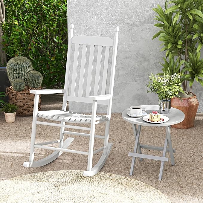 Giantex Outdoor Rocking Chair, All Weather Patio Rocker w/Solid Rocking Base & High-Back, Slatted Seat & Back, Acacia Wood Porch Rocker, Wooden Patio Rocking Chair for Backyard, Poolside