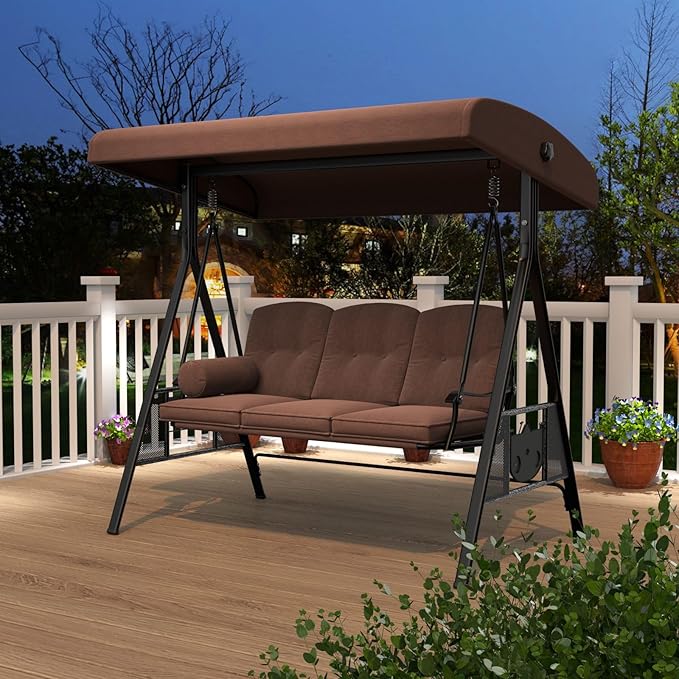 AECOJOY Outdoor Porch Swing, 3-Seat Porch Swing with Adjustable Canopy, Outdoor Swings for Adult with Brown Removable Cushions for Backyard, Garden, Yard, Poolside, Balcony