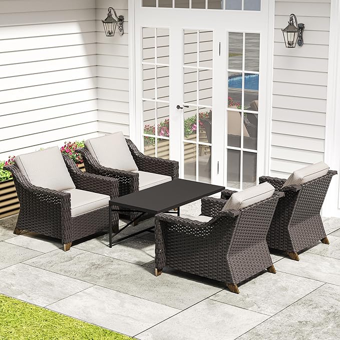 5 Pieces Outdoor Conversation Furniture Set - 4 PE Rattan Armchairs, 1 Metal Coffee Table - Photo 1