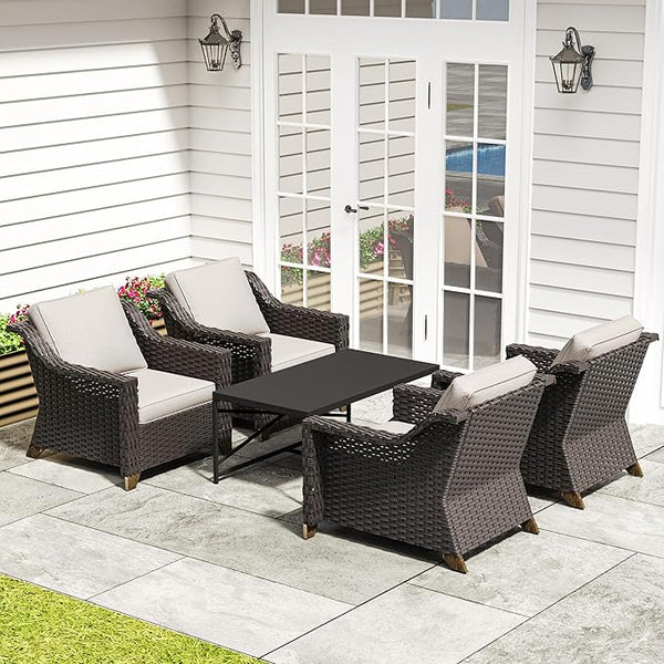 5 Pieces Outdoor Conversation Furniture Set - 4 PE Rattan Armchairs, 1 Metal Coffee Table - Photo 1